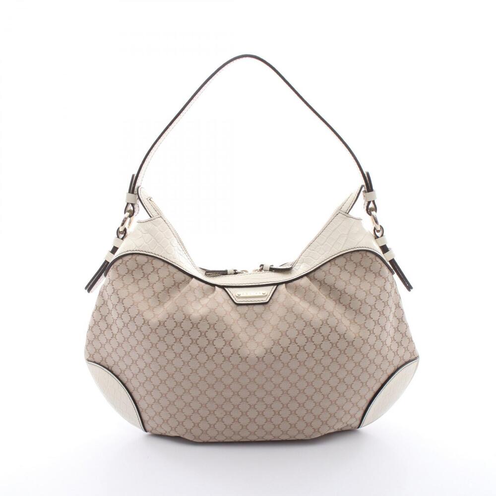 Celine Macadam Crocodile Shoulder Bag Canvas Leather Beige Tan White